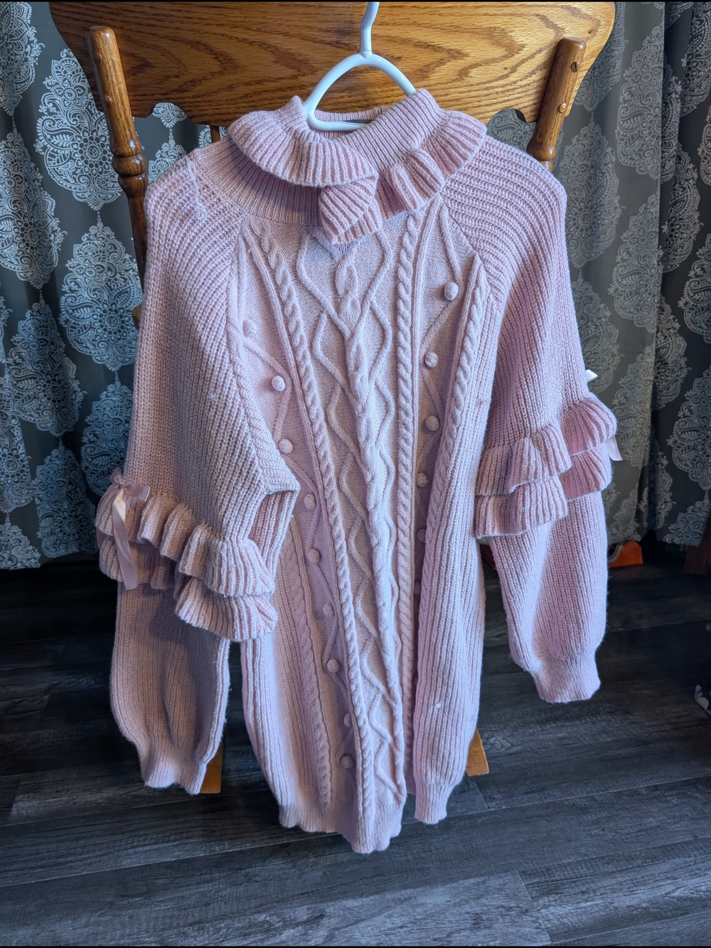 ROMWE Light Pink Ruffle Cable Knit Turtleneck Sweater
